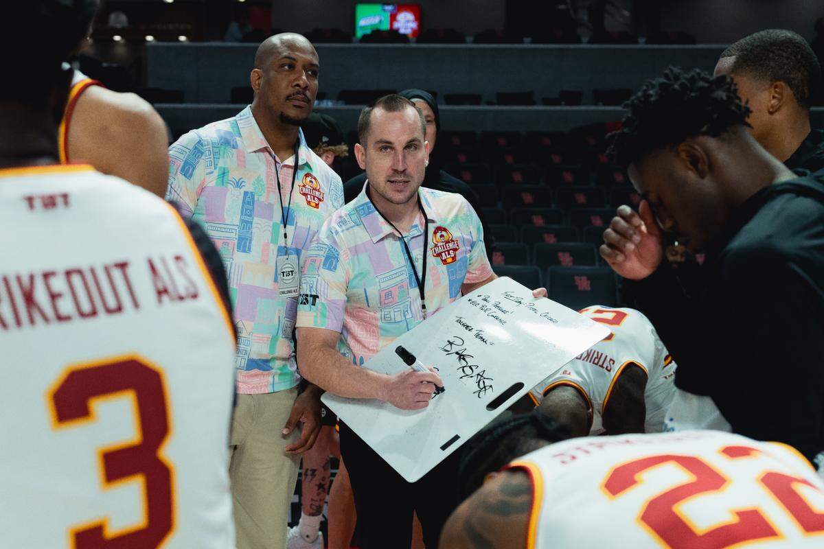Now-N.C. State men’s basketball assistant coach Brandon Chambers speaks to Team Challenge ALS during “The Basketball Tournament” in 2024.