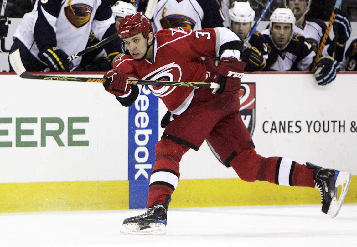 Anton Babchuk takes a shot during a game for the Carollina Hurricanes.