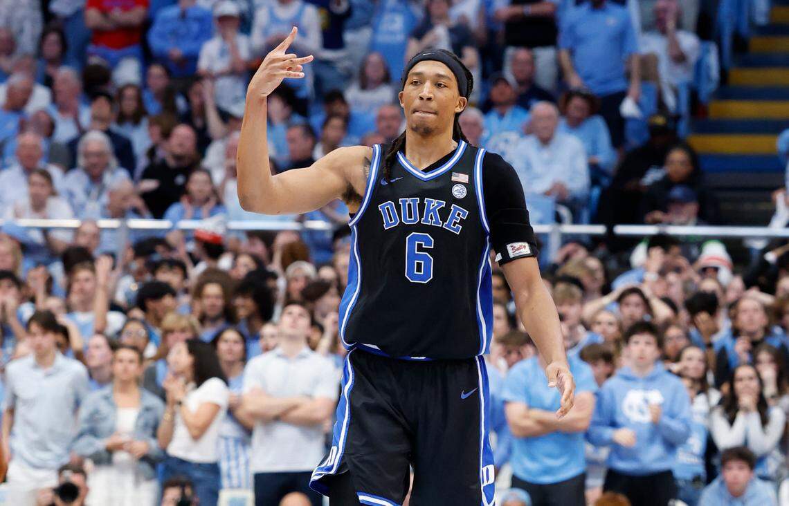 Duke’s Maliq Brown (6) celebrates hitting a three-pointer in the second half of Duke’s 82-69 victory over UNC at the Smith Center in Chapel Hill, N.C., Saturday, March 8, 2025.