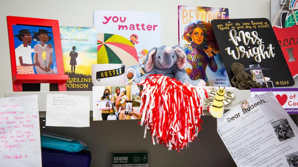 A cabinet is decorated with Bria Wright’s books, notes, and photos in her second grade classroom at Hortons Creek Elementary School in Cary. North Carolina school districts must now post online the titles of all the books in classroom libraries. 2021 file photo.