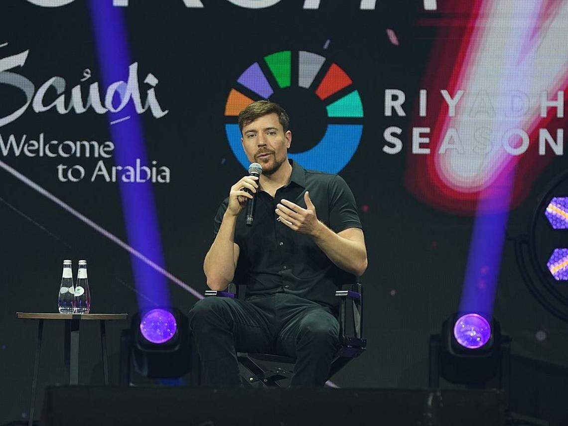 RIYADH, SAUDI ARABIA - OCTOBER 16: MrBeast speaks on stage during the 'Stream to Mainstream: The New Talents of Global Stardom' panel at the 2025 Joy Forum at SEF Arena on October 16, 2025 in Riyadh, Saudi Arabia. (Photo by Amal Alhasan/Getty Images for GEA)