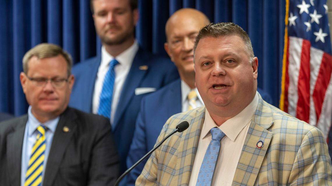 Rep. Jason Saine speaks during a press briefing on the proposed North Carolina State Budget at the North Carolina General Assembly on Tuesday, June 28, 2022 in Raleigh, N.C.