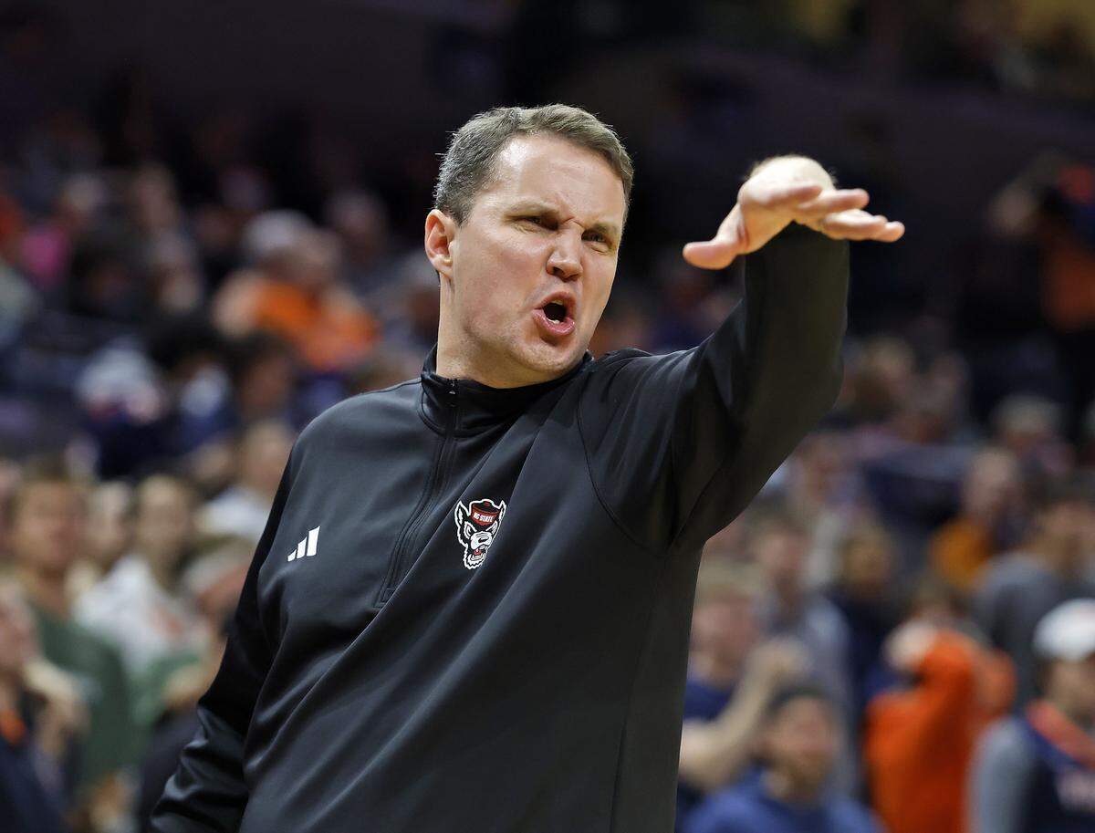 N.C. State head coach Will Wade gives instructions from the sidelines during the second half of the Wolfpack’s 90-61 loss to Virginia on Thursday, Feb. 24, 2026, at John Paul Jones Arena in Charlottesville, Va. 