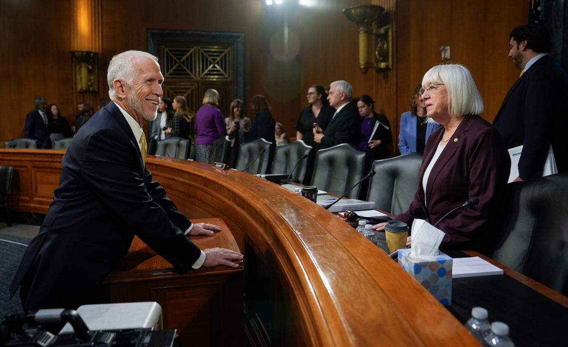 Senator Thom Tillis (R-NC) speaks to Chair of the Senate Appropriations Committee Senator Patty Murray (D-WA) before the start of the Senate Appropriations hearing to examine disaster funding needs in Nov. 2024.