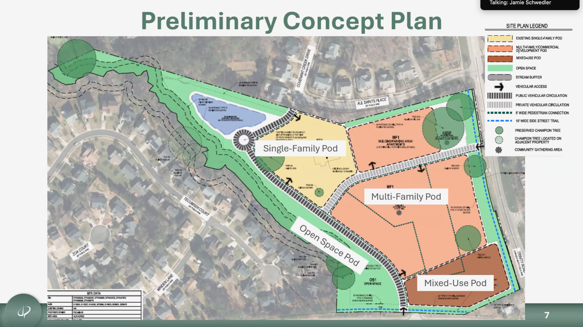 Seven properties along Trinity Road and Chapel Hill Road in Cary could be replaced with a 375 multi-family housing development if approved by the town.