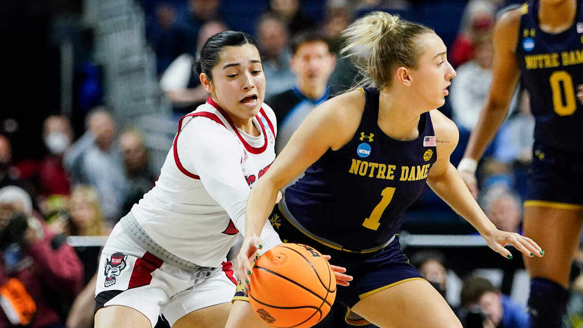 North Carolina State guard Raina Perez (2) strips the ball from Notre Dame guard Dara Mabrey (1) for a steal late in the fourth quarter of a college basketball game in the Sweet Sixteen round of the NCAA women’s tournament, Saturday, March 26, 2022.