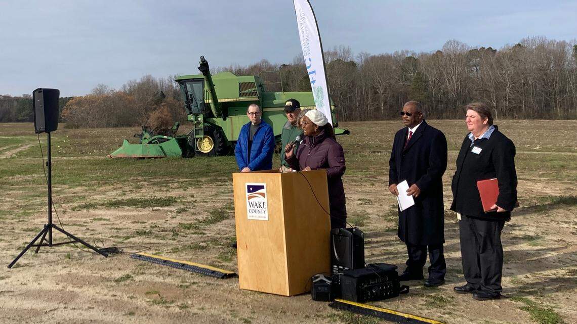 A 125-acre farm in Wendell is the first to be fully protected under Wake County’s Agricultural Conservation Easement Program. The landowners, shown here with Wake County officials, will retain the land, but its uses will forever be restricted to agriculture, forestry or horticulture.
