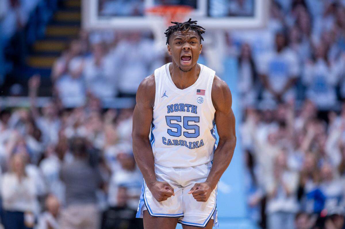 North Carolina’s Harrison Ingram (55) reacts after scoring eight points in the opening minutes of play against Tennessee on Wednesday, November 29, 2023 at the Smith Center in. Chapel Hill, N.C.
