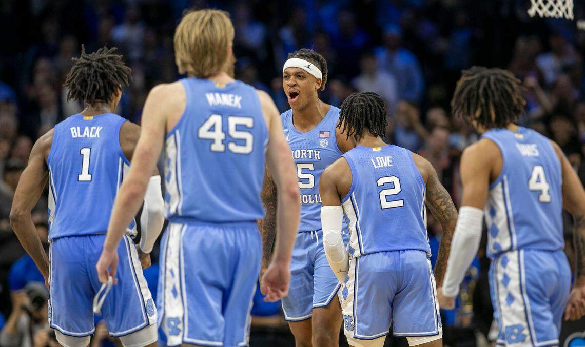 North Carolina’s Armando Bacot (5) reacts in the closing seconds of the game against UCLA on Friday, March 25, 2022 during the NCAA East Regional semi-final at Wells Fargo Center in Philadelphia, Pa.