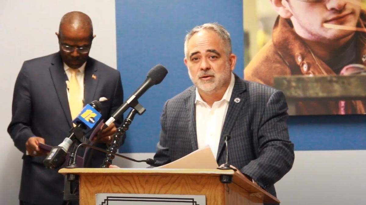Wake County Board of Education Chair Chris Heagarty speaks during a Sept. 26, 2024, press conference on House Bill 10. The bill, recently vetoed by Gov. Roy Cooper, would provide additional funding for private school vouchers.