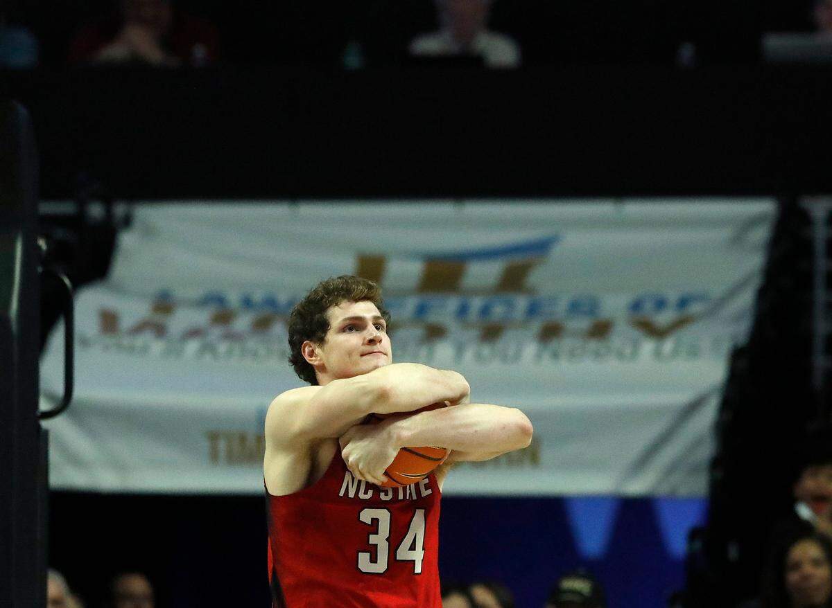 N.C. State’s Ben Middlebrooks reacts after being charged with a foul during the second half of the Wolfpack’s 83-79 loss to Wake Forest on Saturday, Feb. 10, 2024, at Lawrence Joel Veterans Memorial Coliseum in Winston-Salem, N.C.