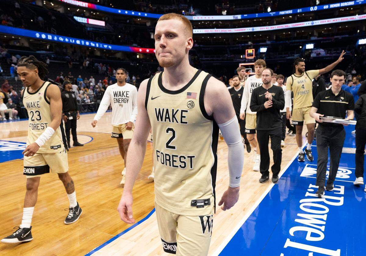 Wake Forest’s Cameron Hildreth (2) leaves the court following the Demon Deacon’s 81-69 loss to Pittsburgh in the quarterfinals of the ACC Men’s Basketball Tournament at Capitol One Arena on Wednesday, March 13, 2024 in Washington, D.C.