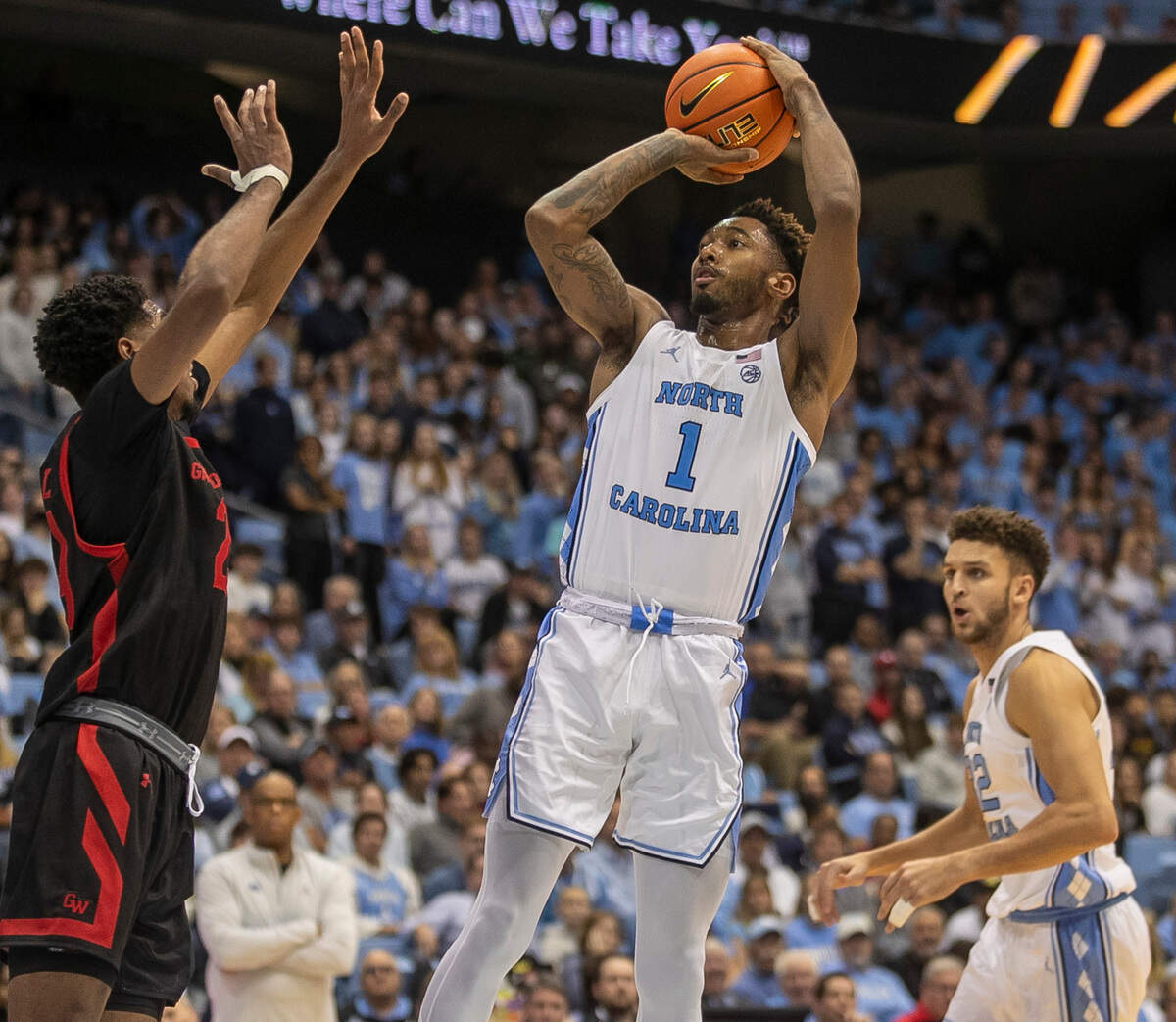 North Carolina’s Leaky Black (1) shoots over Gardner-Webb’s Ludovic Dufeal (24) during the second half on Tuesday, November 15, 2022 at the Smith Center in Chapel Hill, N.C.