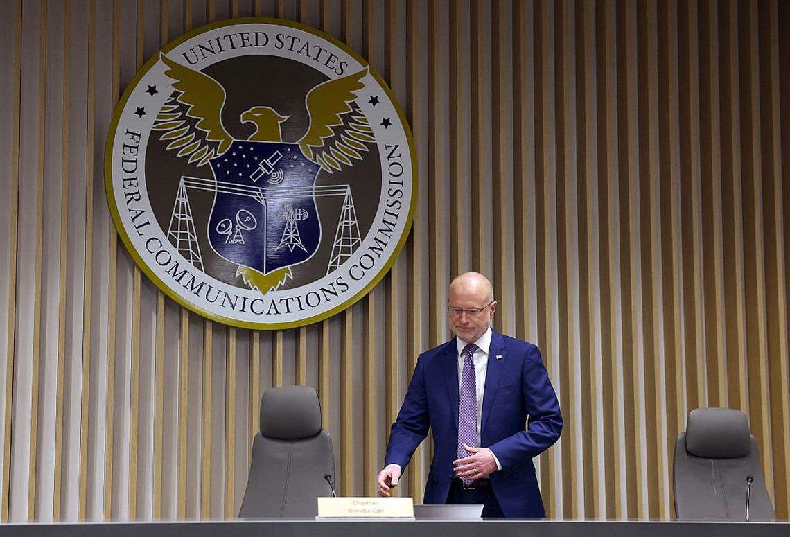 WASHINGTON, DC - FEBRUARY 18: Chairman of the Federal Communications Commission (FCC) Brendan Carr arrives for a FCC meeting at the Federal Communications Commission headquarters on February 18, 2026 in Washington, DC. The Commission met to discuss oversight of the FCC Lifeline program, broadband deployment on the 900 MHz band, capping noncommercial educational reserved FM band applications, and reforming intercarrier compensation. (Photo by Kevin Dietsch/Getty Images)