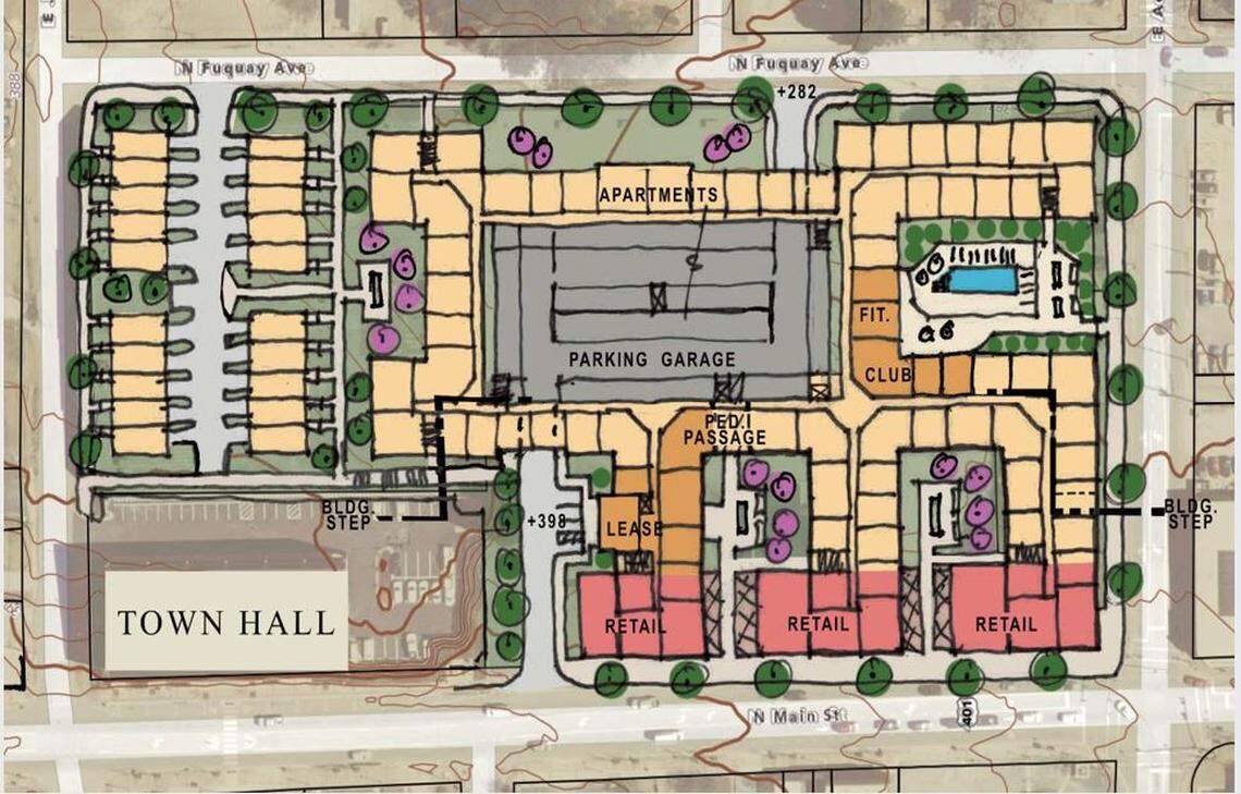 A rough rendering of proposed plans for a $70-million, mixed-use complex in downtown Fuquay-Varina. It will feature 244 apartments, 20,000-square of ground-floor retail space and a multi-level parking deck with 420 spaces.