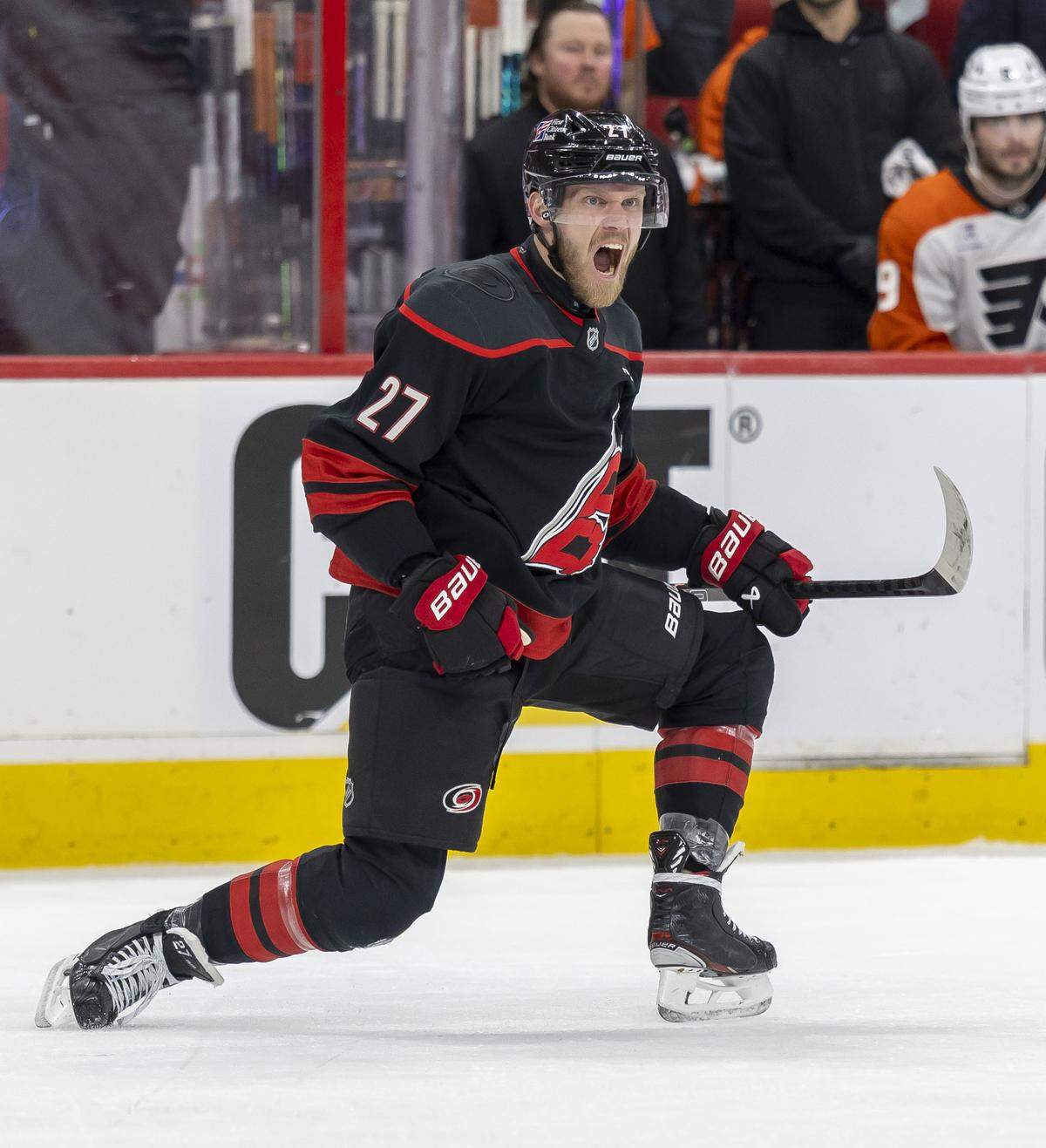 Carolina Hurricanes left wing Nikolaj Ehlers (27) reacts after scoring on Philadelphia Dan Vladar (80) in the first period of Game 2 on Monday, May 4, 2026, during the second round of the Stanley Cup Playoffs at Lenovo Center in Raleigh, N.C.