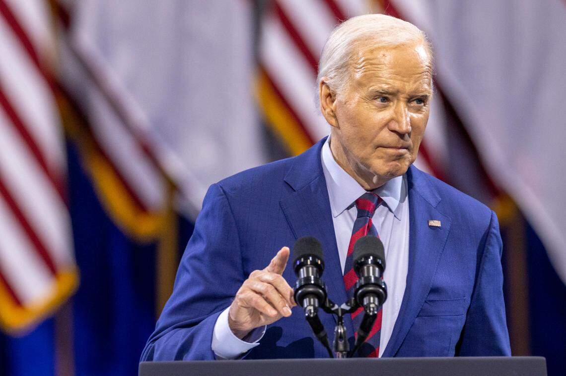 President Joe Biden touts a $3 billion federal program to help water utilities nationwide find and replace lead service lines during remarks at the Wilmington Convention Center on Thursday, May 2, 2024.