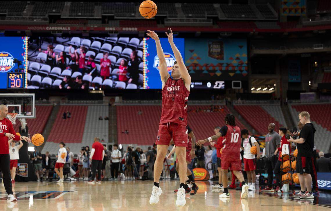 N.C. State’s Michael O’Connell (12) works on his shooting form during the Wolfpack’s open practice on Friday, April 5, 2024, as they prepare for their NCAA National Semi-Final game against Purdue at State Farm Stadium in Glendale, AZ.
