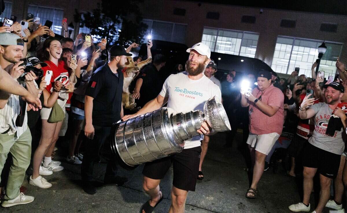 The Stanley Cup makes an appearance at Teets bar in Raleigh's Glenwood South district on Monday, June 15, 2026, as Carolina Hurricanes fans celebrated with the team’s players and staff following the Hurricanes’ Stanley Cup final 4-2 victory over the Vegas Golden Knights the evening prior.