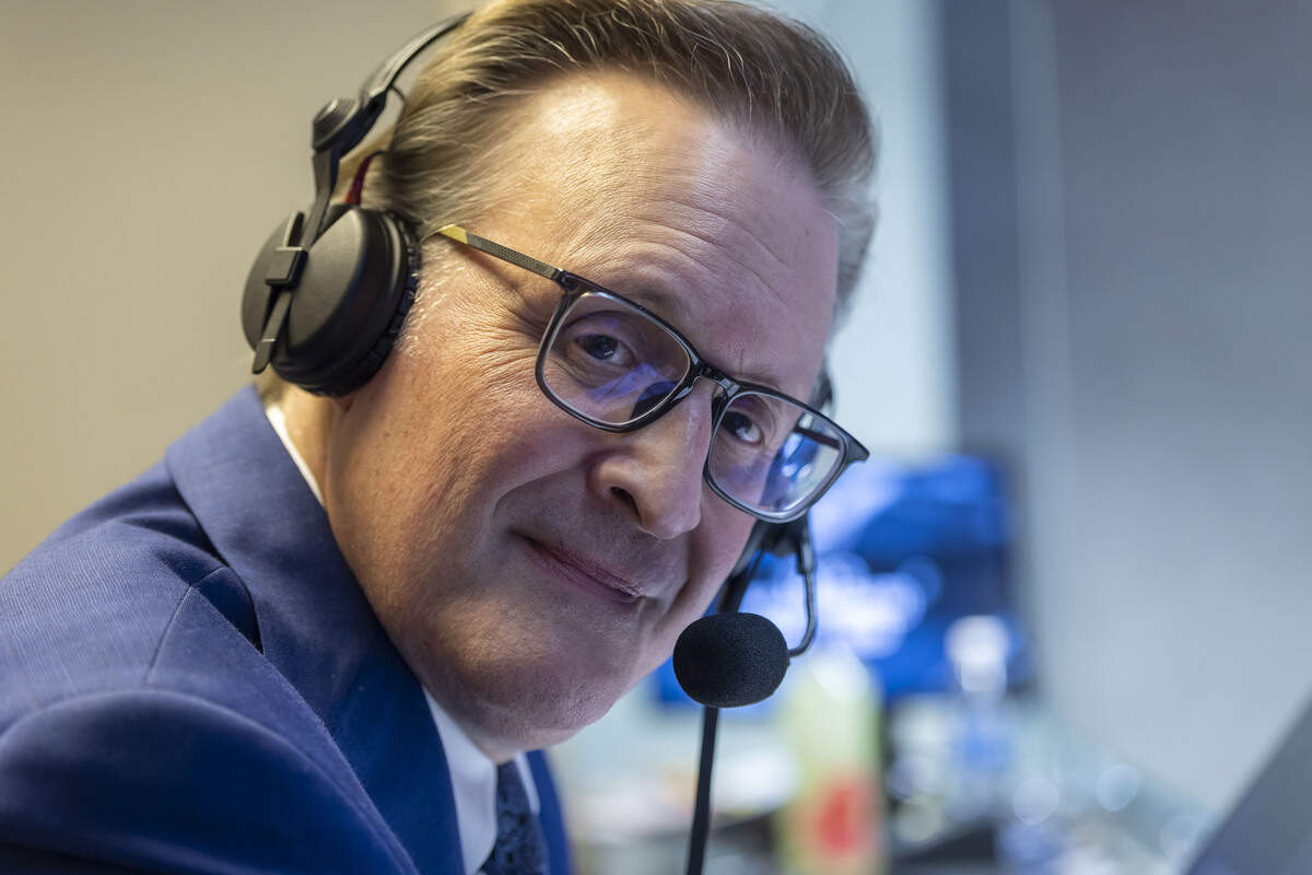 Radio announcer John Forslund, works Game 2 of the Stanley Cup Final for Sports USA, on Thursday, June 4, 2026 at Lenovo Center in Raleigh, N.C.