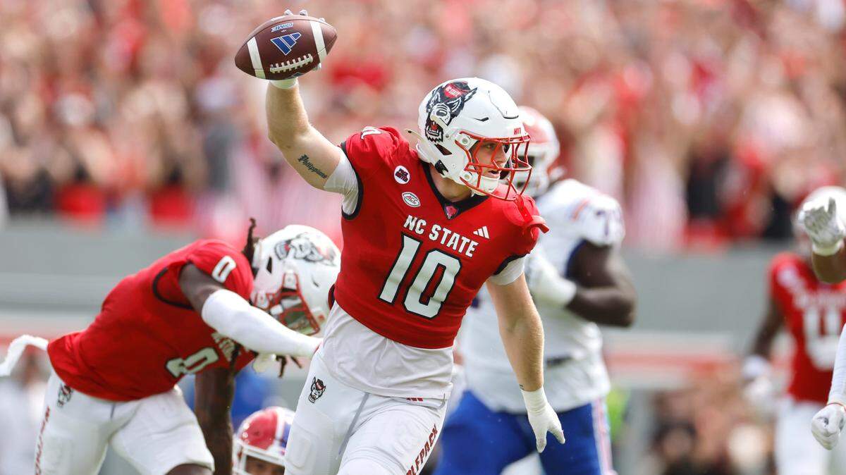 N.C. State linebacker Caden Fordham (10) celebrates after picking up a fumble by Louisiana Tech quarterback Jack Turner during the Wolfpack’s game against LA Tech at Carter-Finley Stadium in Raleigh, N.C., Saturday, Sept. 14, 2024.