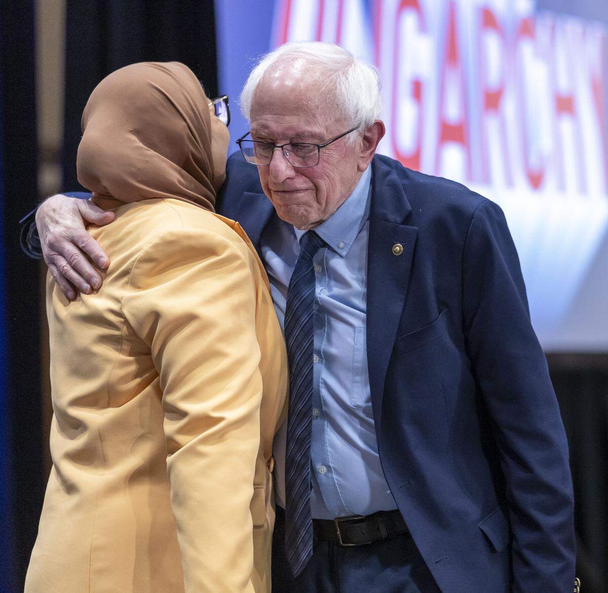 Durham County Commissioner and candidate for US House Nida Allam, embraces Senator Bernie Sanders at the Durham Convention Center on Friday, February 13, 2026 in Durham, N.C. 