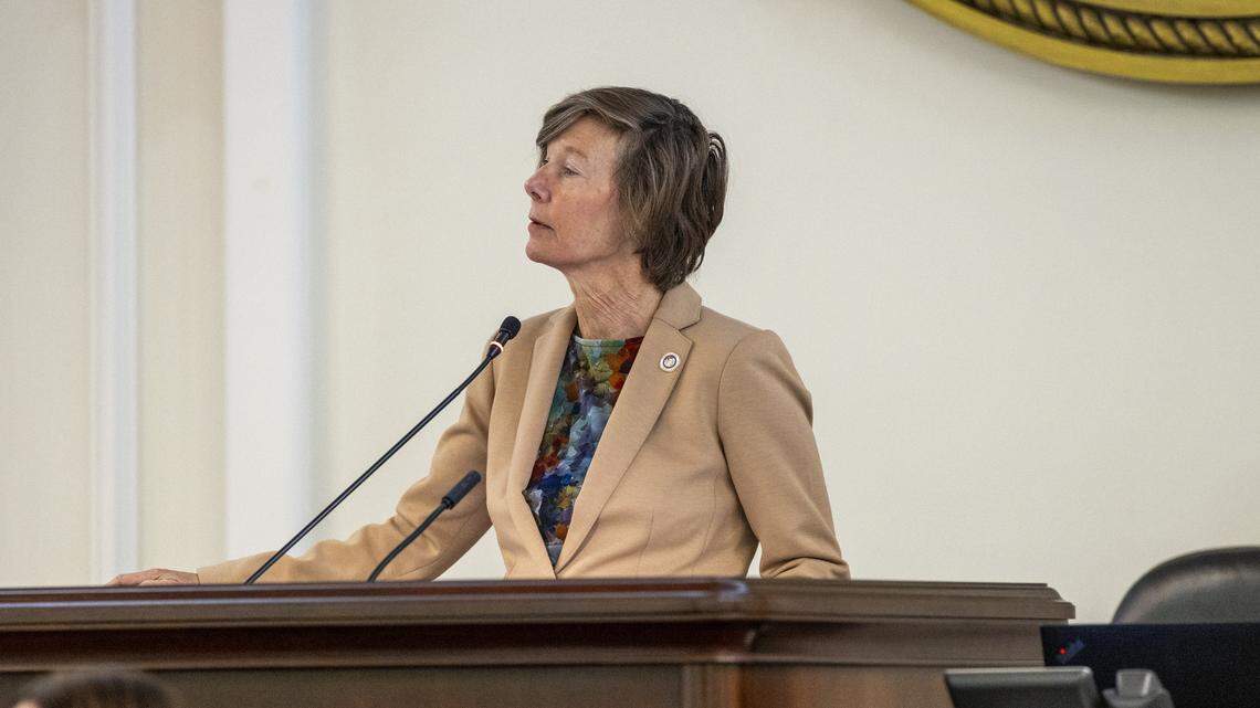 Democratic Lt. Gov. Rachel Hunt presides over the Senate floor as amendments to a budget bill are introduced Tuesday, July 29, 2025, in the Senate chamber at the General Assembly. Republican House and Senate leaders have agreed on a mini-budget bill expected to get a Senate vote Tuesday and a House vote by Wednesday.