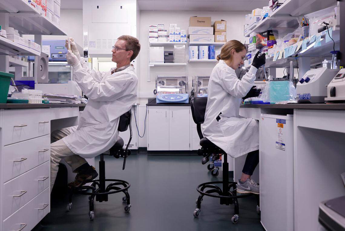 Jack Wilkinson and Anna Matthiadis work in the synthetic biology room at Elo Life Systems on Wednesday, March 8, 2023, in Durham, N.C.
