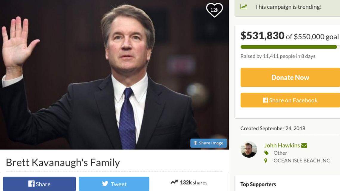 A screenshot of a GoFundMe page created in suport of Supreme Court nominee Brett Kavanaugh.