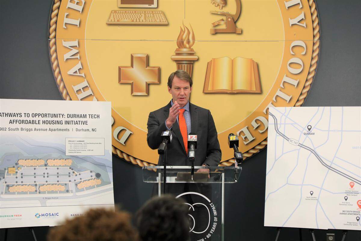 President JB Buxton announces Durham Technical Community College’s plan to offer affordable housing to students and local residents in 2024.