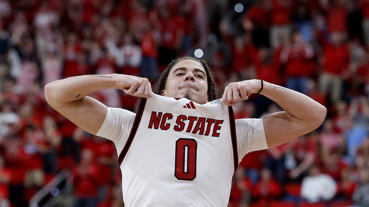 N.C. State’s Jordan Snell reacts as he checks into the game late in the second half of the Wolfpack’s 82-58 win over North Carolina on Tuesday, Feb. 17, 2026, at Lenovo Center in Raleigh, N.C.