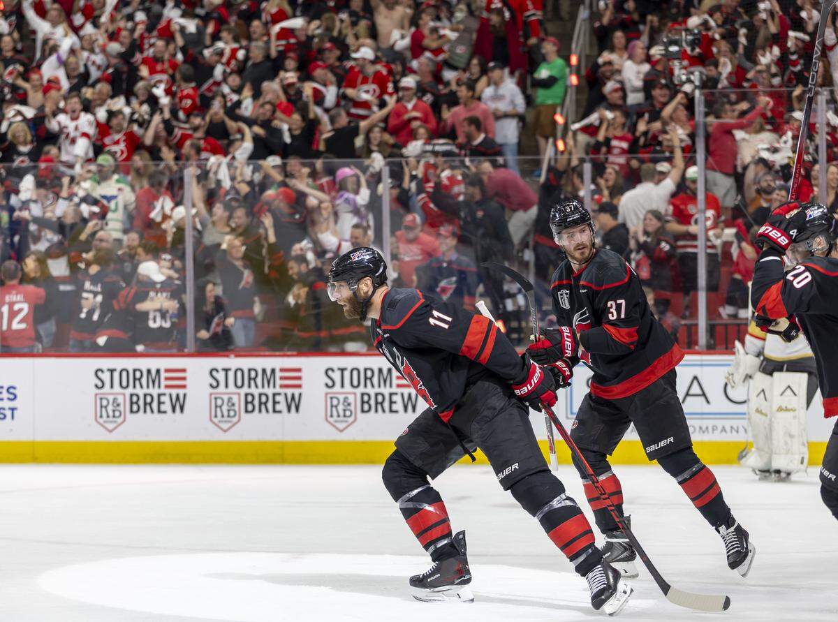 Carolina Hurricanes center Jordan Staal (11) skates to the bench after scoring to tie Vegas 3-3 in the third period in Game 2 of the Stanley Cup Final, on Thursday, June 4, 2026 at Lenovo Center in Raleigh, N.C. 