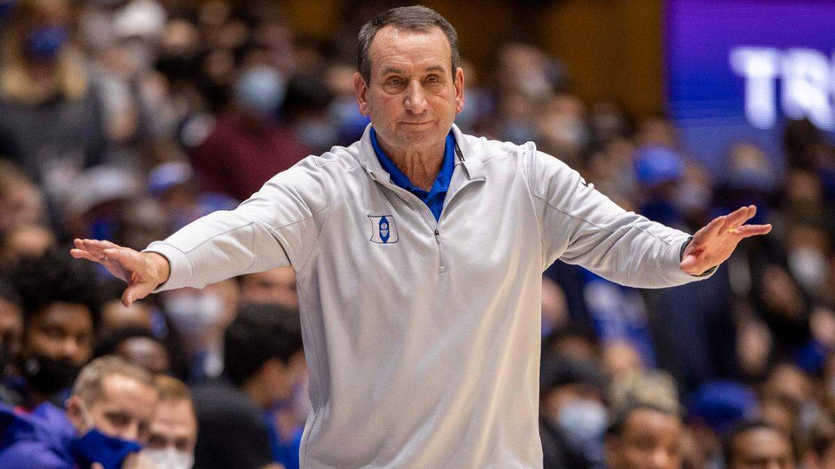 Mike Krzyzewski directs his team on offense during the first half against Citadel on Monday, November 22, 2021 at Cameron Indoor Stadium in Durham, N.C.