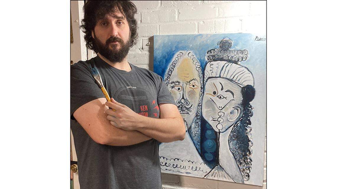 A replica of Picasso’s “Woman and a Musketeer” done in 2023 by Whitcomb Cambell Rummel, pictured, son of Whit Rummel of Chapel Hill. The painting is fake but pays homage to the Picasso work stolen by the Rummel family in 1969.