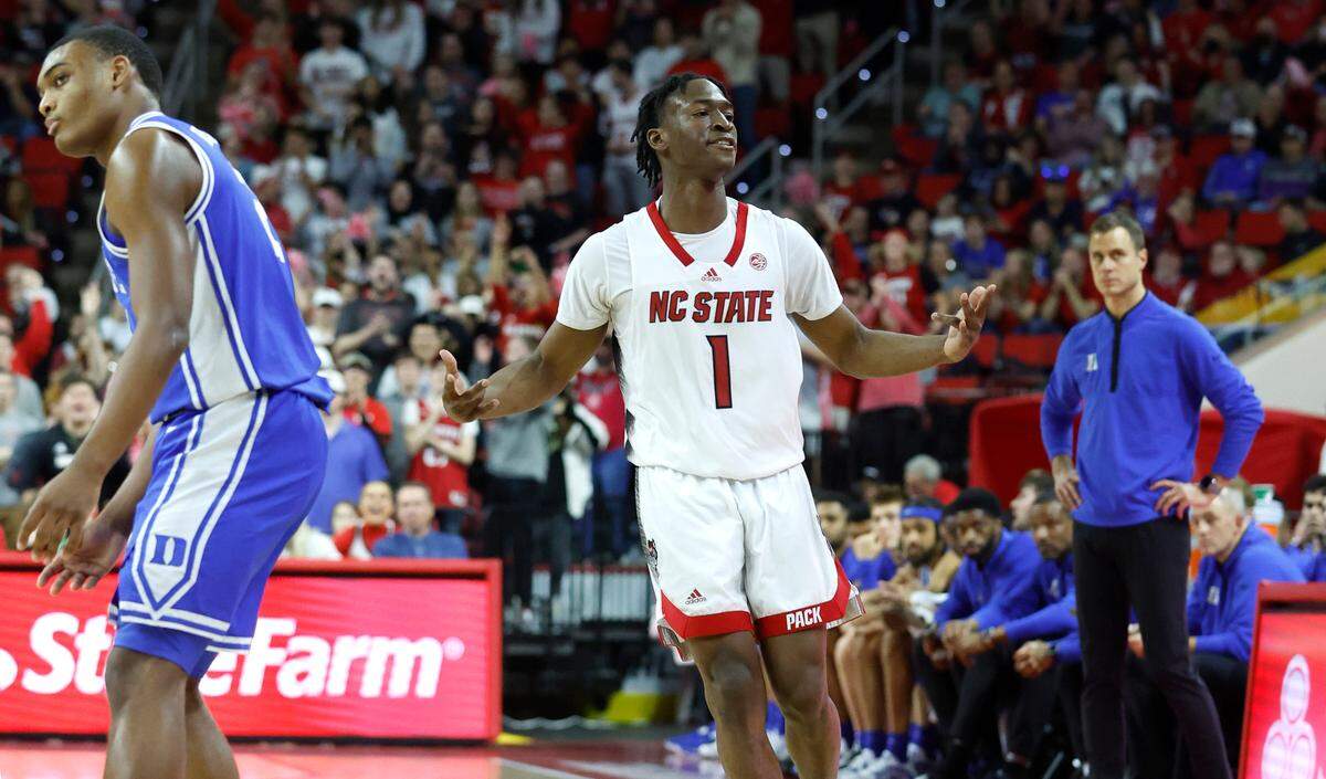 N.C. State’s Jarkel Joiner (1) celebrates after hitting a three-pointer during the second half of N.C. State’s 84-60 victory over Duke at PNC Arena in Raleigh, N.C., Wednesday, Jan. 4, 2023.