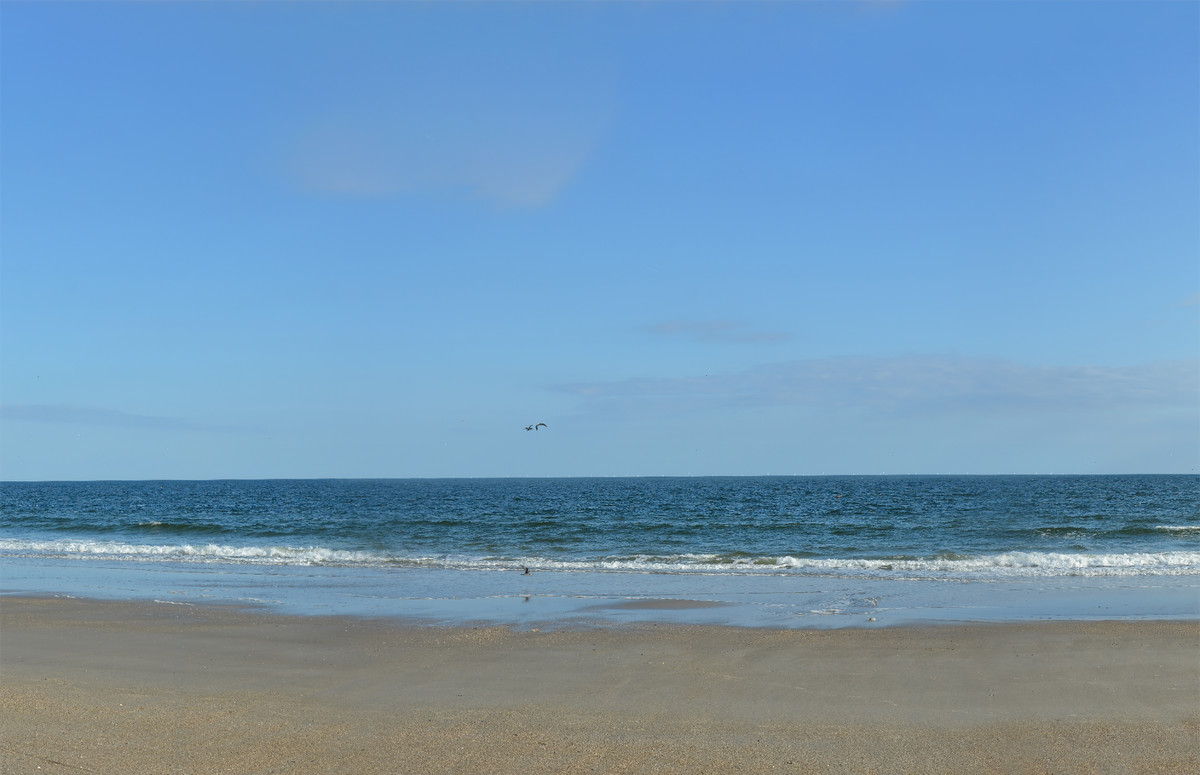 The Southeastern Wind Coalition commissioned visualizations of what the Wilmington East Wind Energy Area could look like, including this one showing the view from Oak Island on a hazy day. The turbines are located on the horizon by zooming in further than the naked eye can see.