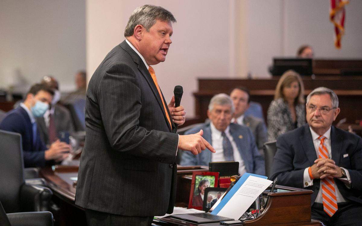 Senator Mike Woodard speaks against HB 324 during debate on the Senate floor on Thursday, August 26, 2021 in Raleigh, N.C. The bill was passed and set new rules on how schools can teach about racism.
