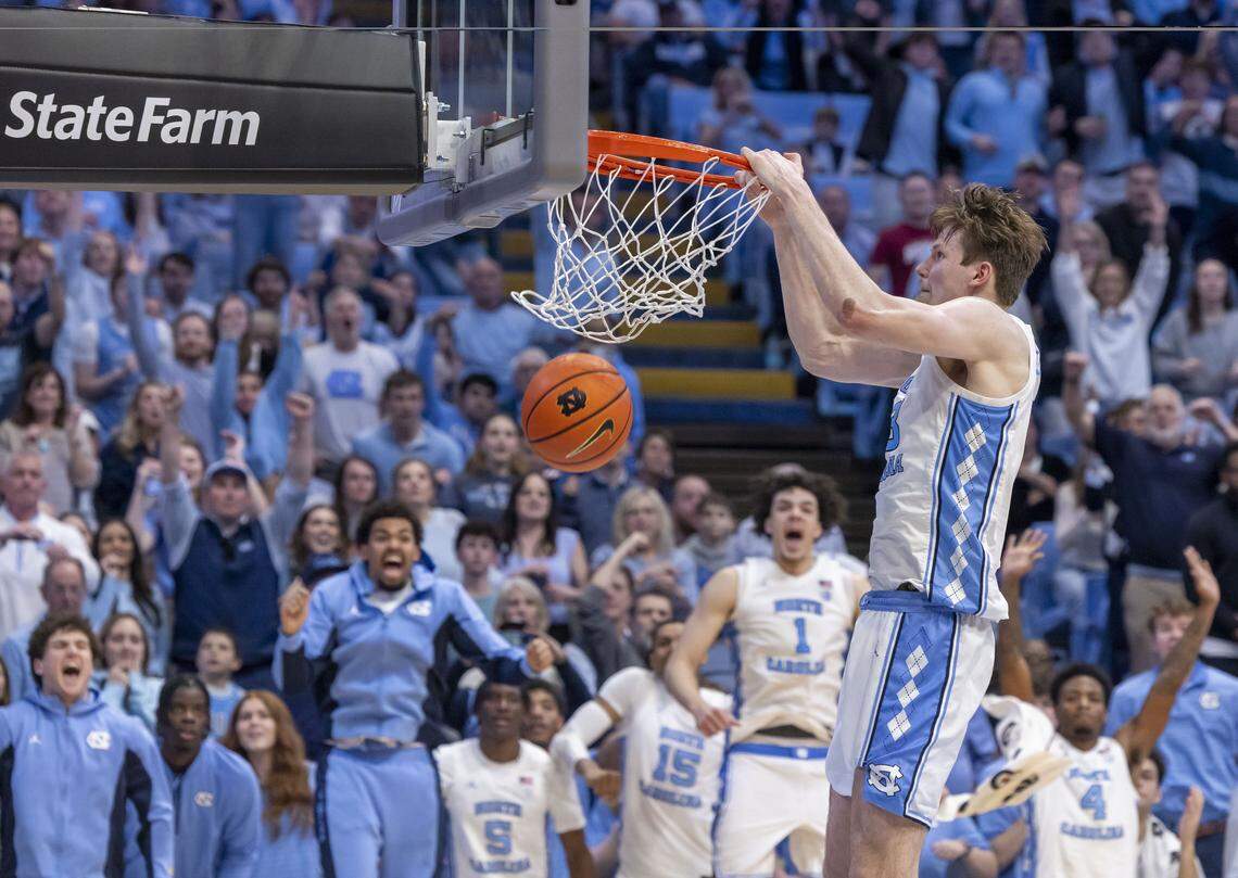 North Carolina center Henri Veesaar (13) gets a dunk on a fast break in the closing minute of play against Virginia Tech on Saturday, February 28, 2026 at the Smith Center in Chapel Hill, N.C.  Veesaar lead all scores with 26 points. 