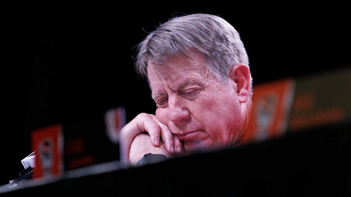N.C. State head coach Wes Moore listens during a press conference following the Wolfpack’s 78-59 Final Four loss to South Carolina at Rocket Mortgage FieldHouse on Friday, April 5, 2024, in Cleveland, Ohio.
