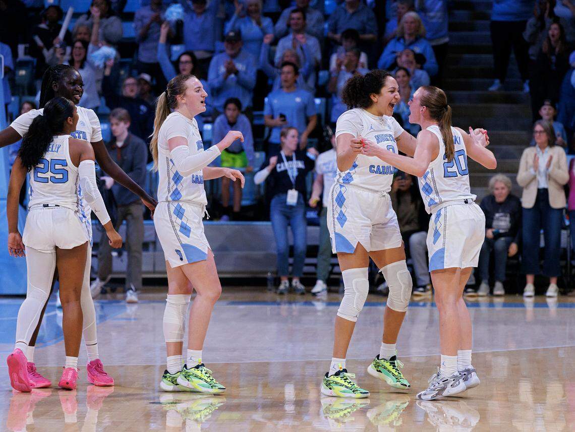 North Carolina celebrates after defeating N.C. State 80-70 on Thursday, Feb. 22, 2024, at Carmichael Arena in Chapel Hill, N.C.
