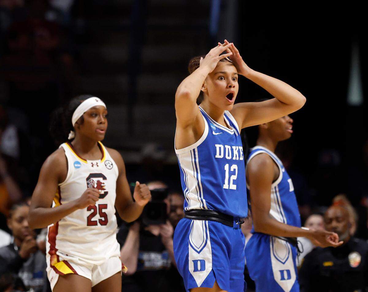 Duke’s Delaney Thomas reacts to a call by an official during the second half of the Blue Devils’ 54-50 loss to South Carolina in the NCAA Tournament Elite Eight at Legacy Arena on Sunday, March 30, 2025, in Birmingham, Ala.