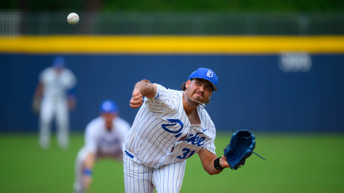 Duke pitcher Ryan Calvert throws during the Blue Devils’ 4-3 ACC Tournament win over Pitt on Wednesday, May 21, 2025, at Durham Bulls Athletic Park in Durham, N.C.