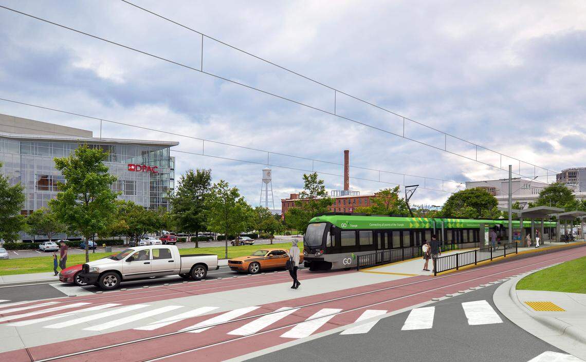An artist’s drawing shows what a proposed Blackwell-Mangum Station could look like in front of the Durham Performing Arts Center in downtown Durham.
