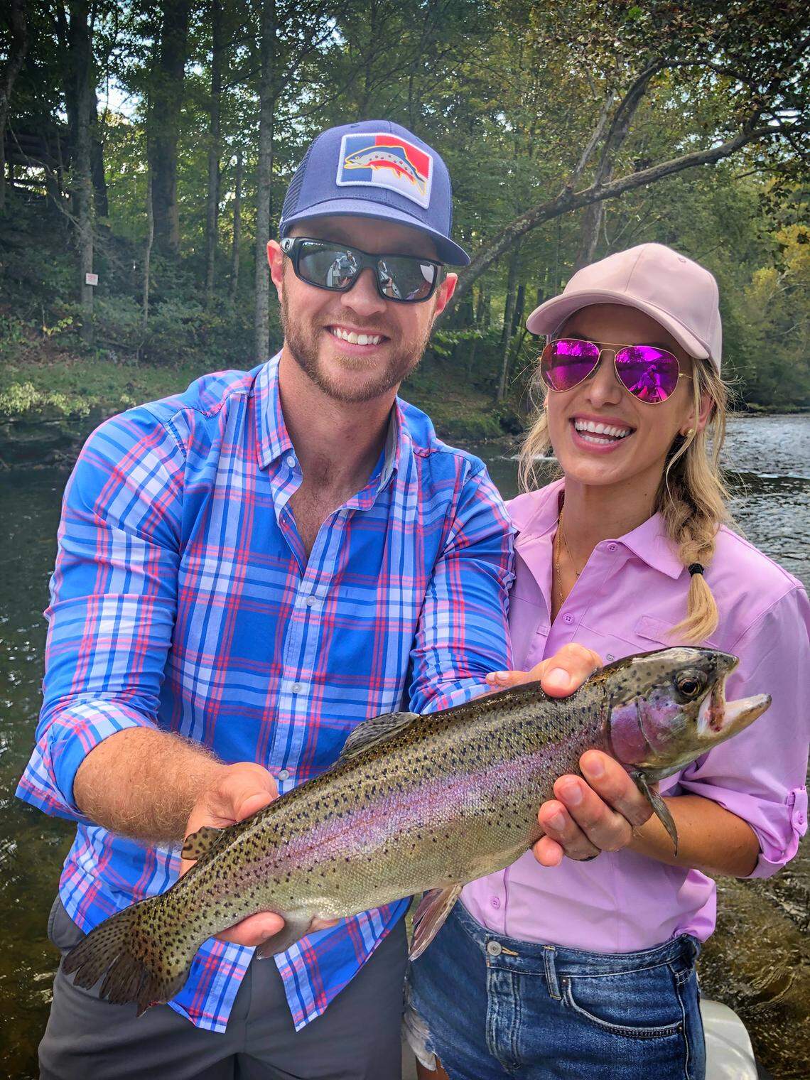 Tim Brent, left, and Eva Shockey fly-fishing in the new Facebook Watch series “Eva Shockey’s Outdoor 101.”