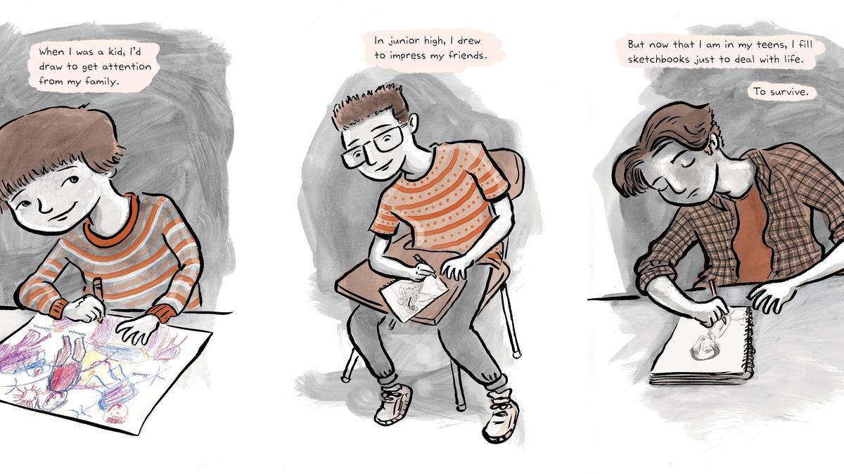 Pages from Jarrett J. Krosoczka’s “Hey, Kiddo” about growing up with his mother’s drug addiction, was just named a finalist for the National Book Award shortly after it was published.