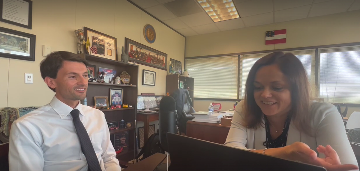 N.C. Republican Rep. Jon Hardister, left, being interviewed by News & Observer Capitol Bureau Chief Dawn Vaughan, right, during a recording of the Under the Dome politics podcast in Hardister’s office in Raleigh on Thursday, April 20, 2023.