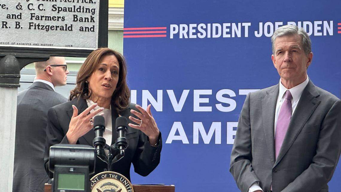 Vice President Kamala Harris visits Durham’s historic Black Wall Street district, joined by Gov. Roy Cooper, on Friday, March 1, 2024.
