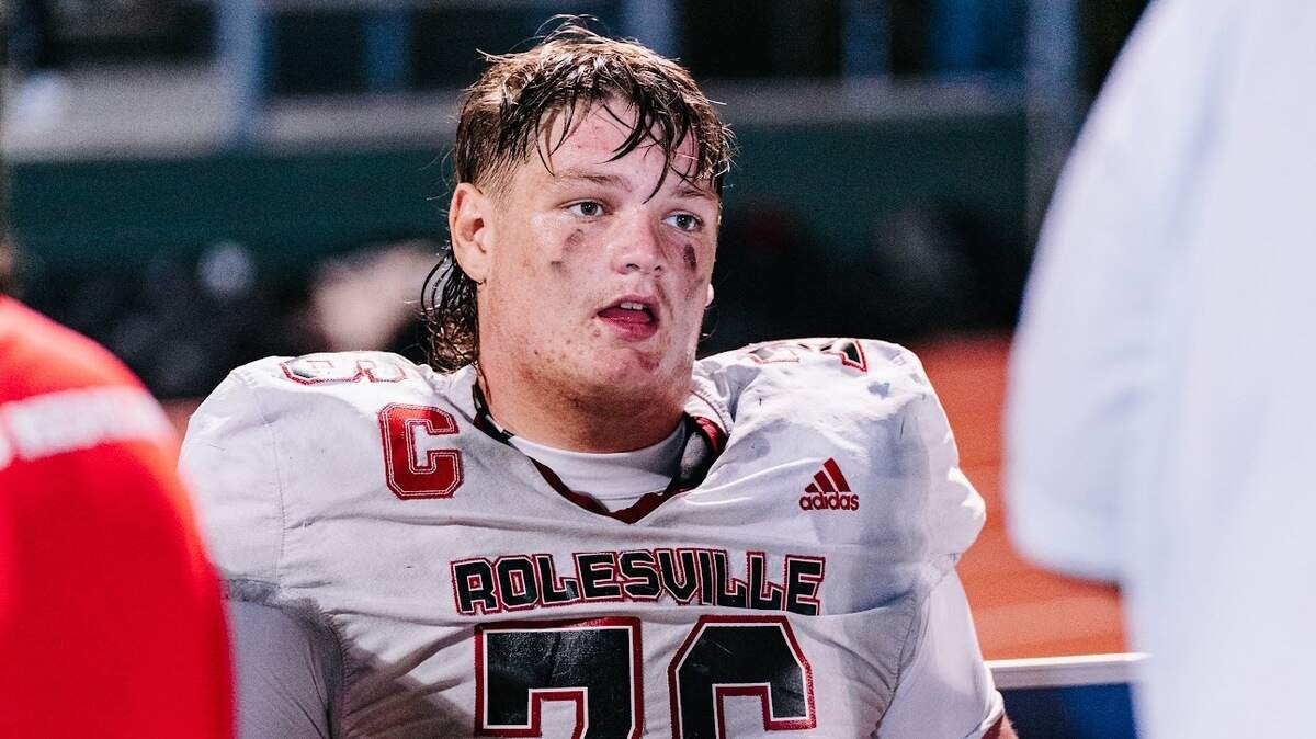 Rolesville High School lineman Gavin Marks sits to take a breather during a game earlier this season.