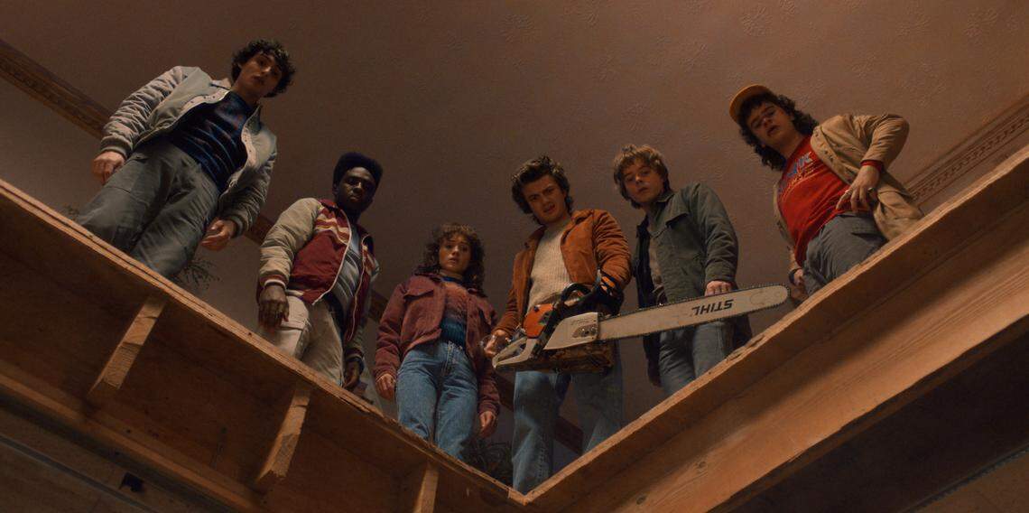 Finn Wolfhard as Mike Wheeler, Caleb McLaughlin as Lucas Sinclair, Natalia Dyer as Nancy Wheeler, Joe Keery as Steve Harrington, Charlie Heaton as Jonathan Byers, and Gaten Matarazzo as Dustin Henderson in Season 5 of “Stranger Things.”