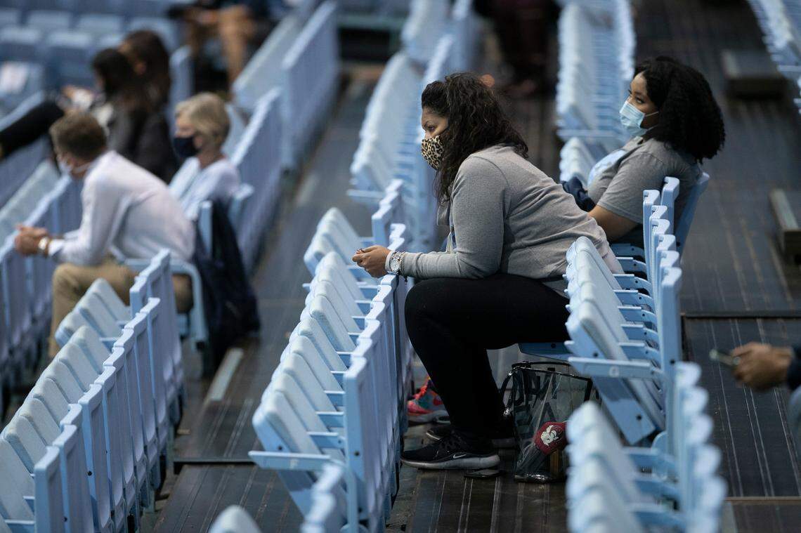 Only a handful of fans, mostly parents and friends of players were in attendance for the Tar Heels’ first basketball game of the season against College of Charleston on Wednesday, November 25, 2020 at the Smith Center in Chapel Hill, N.C.